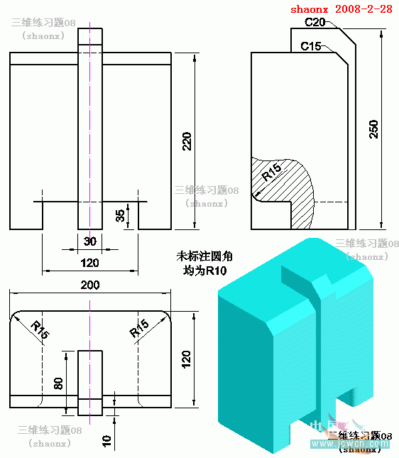 AutoCAD三维建模系列教程：拉升、倒角、圆角制作方法_中国教程网
