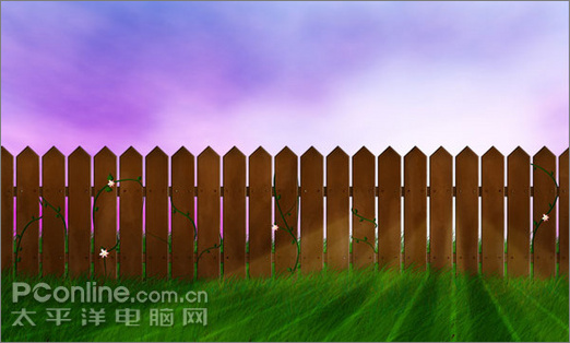 Photoshop手绘教程：缠绕着报春花和藤蔓的旧篱笆