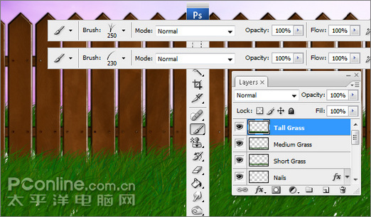 photoshop绘制缠绕着报春花和藤蔓的旧篱笆
