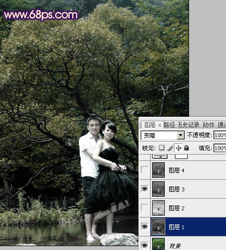 Photoshoop调出外景婚纱照片的紫色调