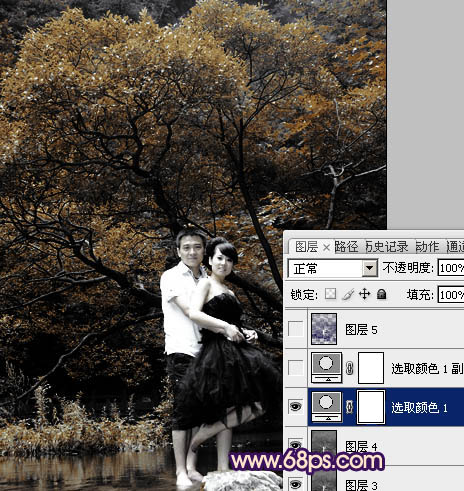 Photoshoop调出外景婚纱照片的紫色调
