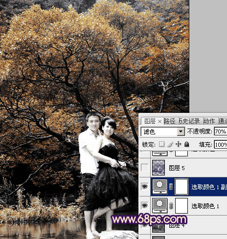 Photoshoop调出外景婚纱照片的紫色调