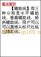 文本框: 重点
提示
【辅助线】有三种分别是水平辅助线、垂直辅助线、倾斜辅助线，用户可以可以直接从标
尺处拖出辅助线。
