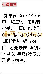 文本框: 心得总结
如果在CorelDRAW中，拖拉物件的旋转把手时，同时也按
住Shift键，那么将可以同时旋转与缩放物件；若是按住Alt键，将可以同时旋转与变形倾斜物件。
