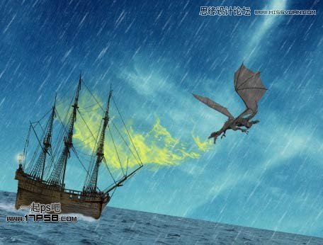 Photoshop合成飞龙火烧海上商船壁纸,PS教程,思缘教程网