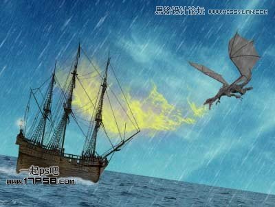 Photoshop合成飞龙火烧海上商船壁纸,PS教程,思缘教程网