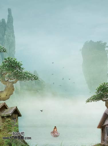 Photoshop合成迷雾江面泛舟的奇幻场景,PS教程,思缘教程网