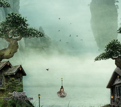 Photoshop合成迷雾江面泛舟的奇幻场景,PS教程,思缘教程网