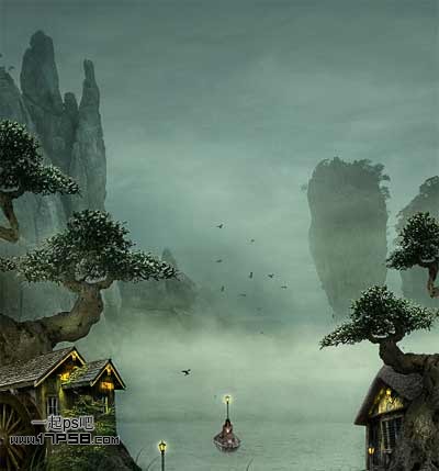 Photoshop合成迷雾江面泛舟的奇幻场景,PS教程,思缘教程网